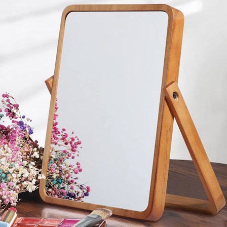 Spejl Stor Bærbar Kosmetik Spejl, Super HD Bord Spejl Makeup Spejl Multi Stativ Vinkel Håndfri/Stående/Bordplade Foldbar 360° Drejelig Bambus