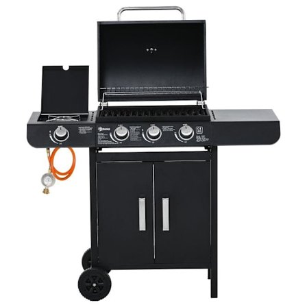 Rootz Gasgrill - Bbq Trolley med 3 brændere - 1 sidebrænder - Trykreducer - Slangerskab - Multifunktion - Stål - Sort - 110 x 50 x 100 cm