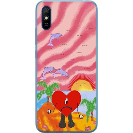 Kompatibelt Mobildeksel til Xiaomi Redmi 9AT Bad Bunny i en fargerik quiltet jakke med hjertemønster og solbriller i moderne gatestil