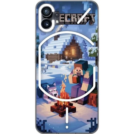 Kompatibel Mobilcover til Nothing Phone (1) Minecraft vinterscene med Steve, ulv, bål og sneklædt hytte spil-inspireret illustration perfekt til Min