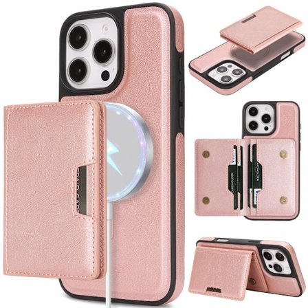 iPhone 16 Pro, Magnetisk kortholder, Telefondeksel i imitert skinn, Rosegull