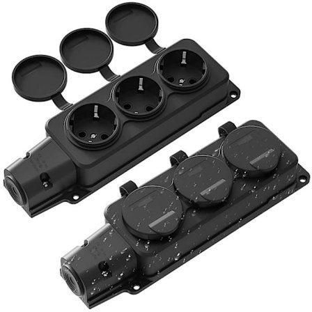 3-vejs Vandtæt Udendørs Stikkontakt, IP54 med Hængslet Låg, Forlængerledning til Udendørs Brug, 16A Max 3500W til Have, Udendørs - 2-pak