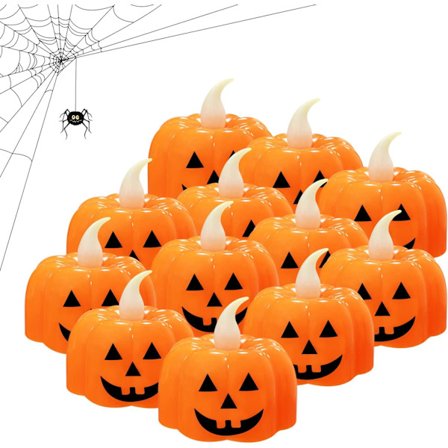 12 stk. Halloween Græskar Fyrfadslys, Flammeløse Stearinlys Orange, Batteridrevet, Varm Hvidt Flakkende