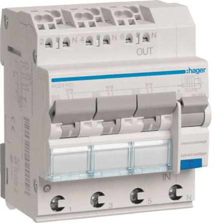 Hager ADZ310D Personbeskyttelsesautomat 3-polet, 500 V 10 A, Stikkontakter & kabler
