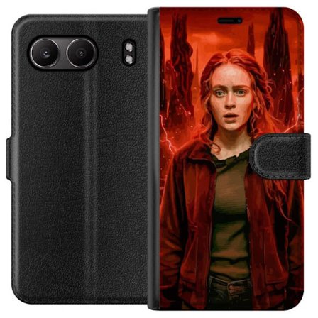 Kompatibelt Plånboksfodral till OnePlus OnePlus Nord 4 Porträtt av en ung kvinna med rött hår i en apokalyptisk landskap, röda blixtar och mörka