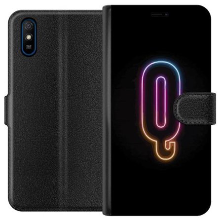 Kompatibelt Lommeboketui til Xiaomi Xiaomi Redmi 9A Minimalistisk neonbokstav Q i skinnende farger mot mørk bakgrunn
