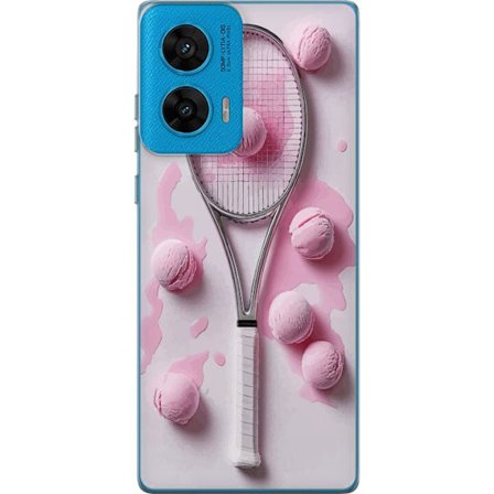 Kompatibelt Mobildeksel til Motorola Motorola G96 Rosa glasskuler og tennisracket i et kreativt, stille bilde med leken popfølelse og moderne design