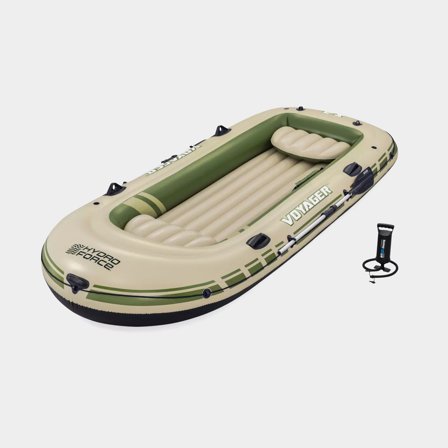 Ponton / łódź rekreacyjna Bestway Hydro Force Voyager X4, 3.5 x 1.45 metra, beżowy/zielony + wiosła + pompka nożna + torba transportowa + łatka 