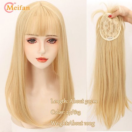 MEIFAN Langt lige hår Toppers Clip Hair Extensions Syntetisk hår Topper Naturlig Sort Brun 3-klip med Bang Fake Hairpiere