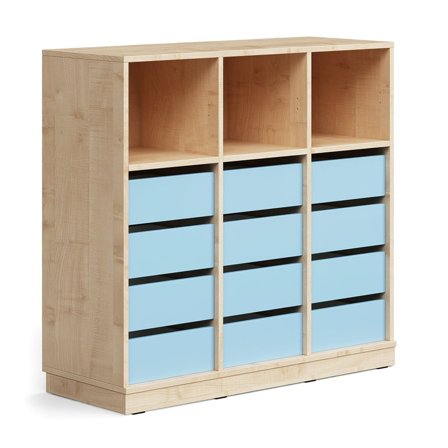 Oppilassäilytin CASPER, 12 laatikkoa, 3 yläosaa, sokkeli, koivu/taivaansininen