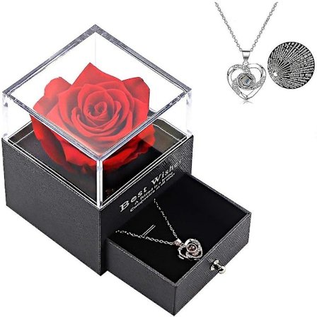 Bevarad röd med dig halsband i 100 språk förtrollad blomma för mamma fru flickvän (silver)