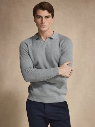 John Henric Men's Grå Bomulds Ribstrikket Polosweater Size M