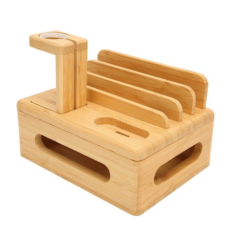 Multifunktionel bambus ladestation, kompatibel med mobiltelefoner, tablets og smartwatches