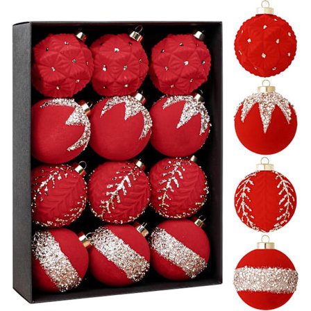 12 st julgranskulor Flockad diamant (röd)