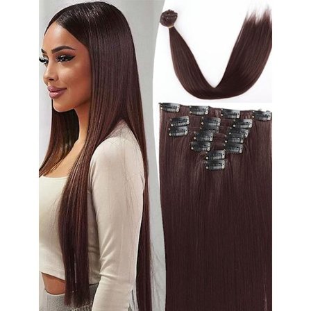 24 tum 16 klipp i hårförlängningar Lång rak frisyr Syntetiskt blond svart hårstrån Värmebeständigt löshår