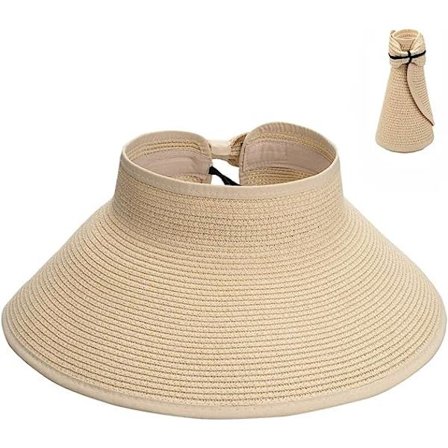 Visir Straw Beach Sun Hat Bred brätte för kvinnor UPF 50+ Sommarskydd, Beige