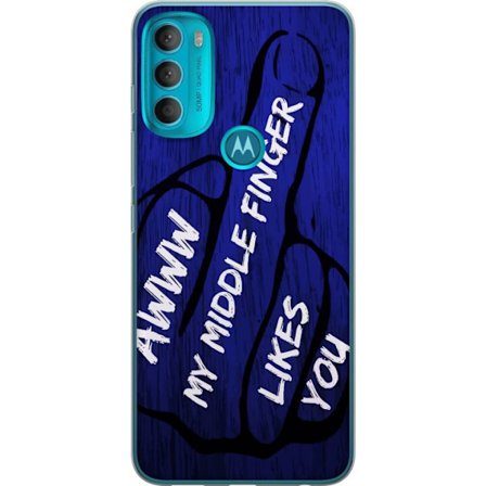 Kompatibelt Mobildeksel til Motorola Moto G71 5G Mørk typografisk illustrasjon med hjerteform og budskap om vennskap mot dyp blå tretekstur