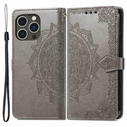 Mandala iPhone 14 Pro læderetui - Sølv/Grå Silver grey