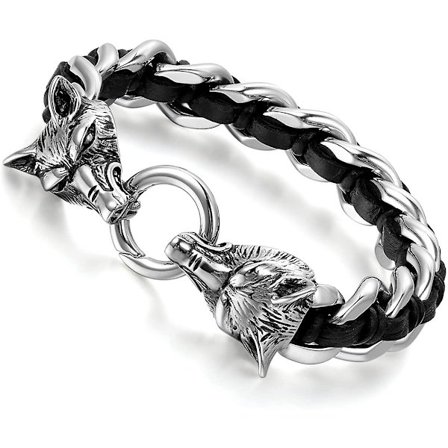 Herrar Rostfritt Stål Biker Varg Huvud Svart Flätad Läder Interwoven Trottoarkant Kedja