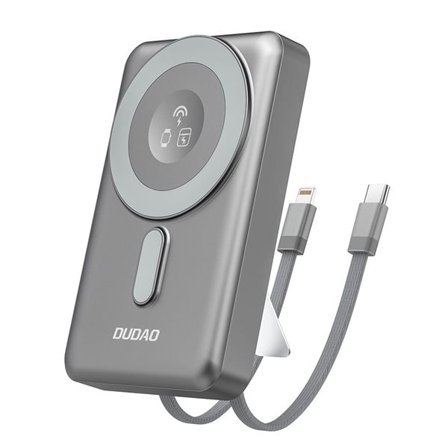 Dudao Powerbank 10000mAh PD 20W med MagSafe, stativ och inbyggda USB-kablar - Grå
