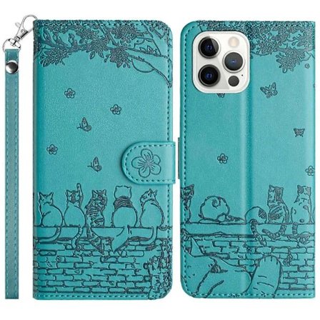 Etui til iPhone 16 Pro Max med håndledsrem, læderetui med vægkatte-mønster