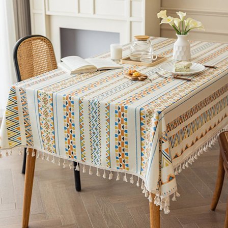 Firkantede duge 120 x 120 cm bomuldslinned dug med kvast blå orange gul boho aftørringsvenlig vandafvisende borddækning