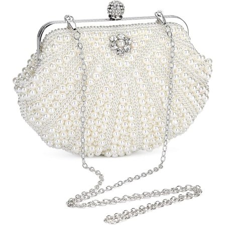 Ladies Evening Bag White Clutch Pearl Handbag Small Elegant Crossbody Bag Mini Chain Bag White Vintage Shoulder Bag Clutch Wedding Party Disco, A-whit