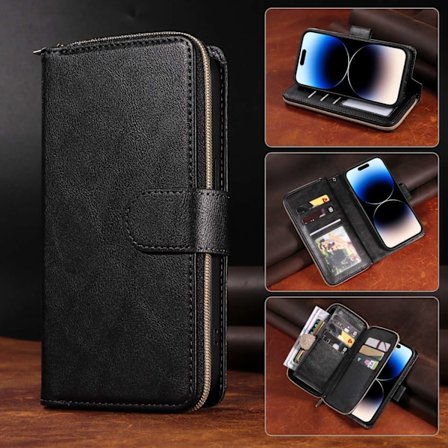 Etui til iPhone iPhone 13pro max sort lynlås Ni-kort Wallet med kortholder lynlås Wallet med kortholder