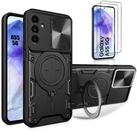 Etui + 2 hærdede briller til Samsung Galaxy A55 5G, stødsikker pc med kamerabeskytter og roterende støtte, sort Svart