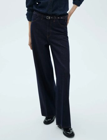Mango Rinse-Wash Wide Leg Jeans With Belt - Navy - 36