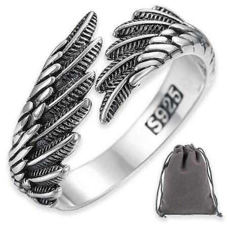 Justerbar 925 Silver Fjäderring Dam Öppen Ring Unisex Vintage Ängelring Ängelvingar Ring för Kvinnor Smyckesgåva Personliga Förlovningsringar Bröllop