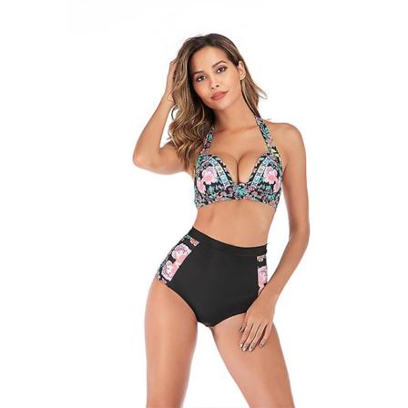 Naisten korkeavyötäröiset bikinit Push Up -bikinien uimapuku Kaksiosainen uima-asu Uimapuvut Puku(3XL kukka)