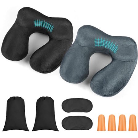 Oppustelig rejsepude, der er egnet til fly, biler, tog, kontorer og campingpladser.