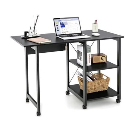 COSTWAY hopfällbart skrivbord på hjul metallstruktur 107,5 x 54 x 77 CM med 2 förvaringshyllor Svart
