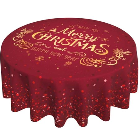 Julrund bordsduk med tomte, snögubbe och snöflinga - Dekorativ röd rund bordsduk för hem, kök, middag, picknick, fest