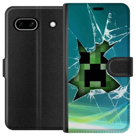 Kompatibelt Plånboksfodral till Google Google Pixel 7a Minecraft Creeper genom krossat glas med dramatisk explosionseffekt där ikoniska Creeper bryt