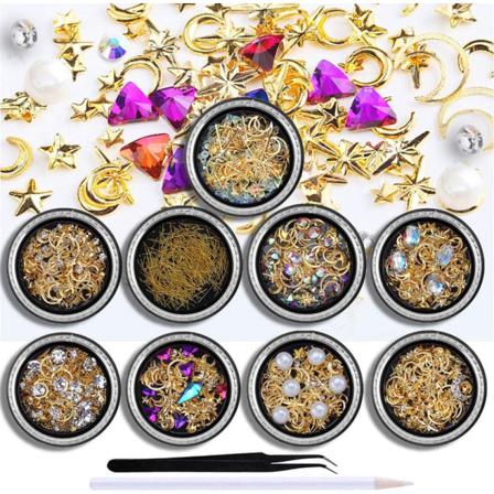 3d Metall Nagelkonstnålar Strass, 9 Lådor Stora Pärlor