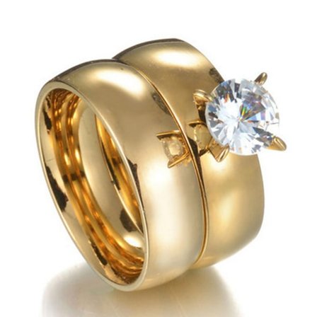 Rostfritt stål ring CZ Guldpläterad 2 st set