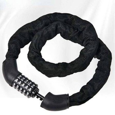 5-siffrigt cykellås med böjt handtag och robust 110 cm kedja, ger robust säkerhet och flexibilitet. Perfekt för pålitlig cykel.