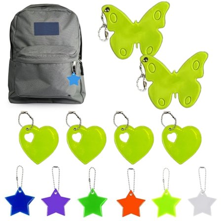 12 st nattreflekterande hängen - 6 pentagram + 4 trianglar + 2 fjärilar