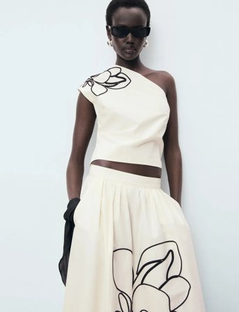 Mango Asymmetrical Flower-Embroidered Top - Beige - XS