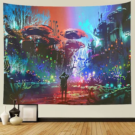 Vægdekoration 150x130cm Fantasy Landskab Gobelin, Mand ser på Farverig Psykedelisk Koralskov, Trippy Digital Kunststil Vægtæppe, Illust