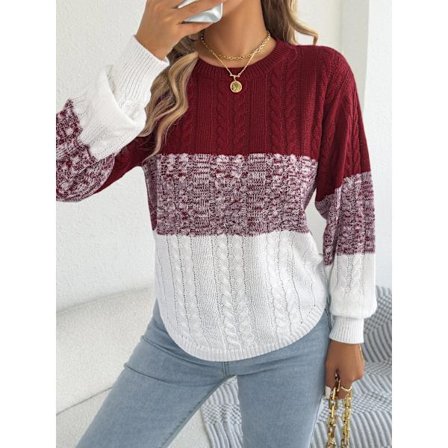 Dame Casual Farveblok Stribet Sweater Rund Hals Lanterne Lange Ærmer Twist Strikkede Toppe til 2025 Efterår Vinter Dametøj