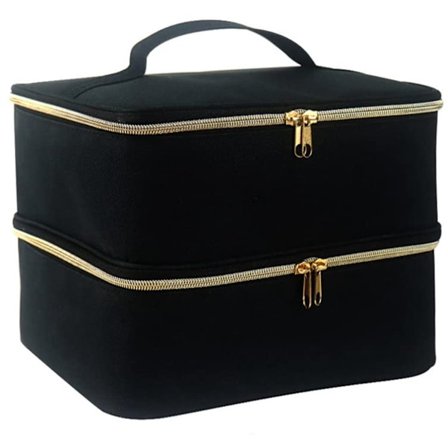 Neglelakkorganiseringsveske med dobbelt lag og justerbare skillevegger | Plass til 30 flasker og UV-lampe, bærbar veske for manikyrsett (svart)