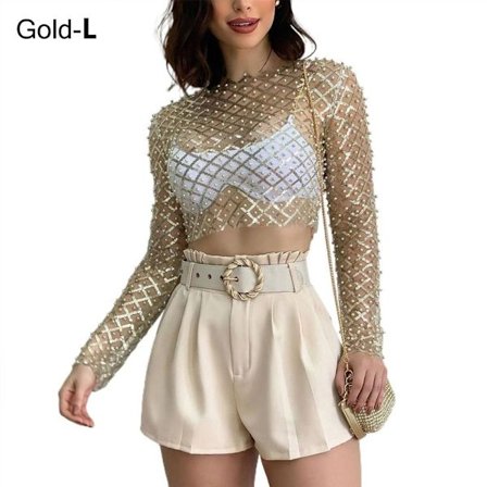 Sexede Crop Toppe til Damer Mesh Pearl Toppe GOLD L L