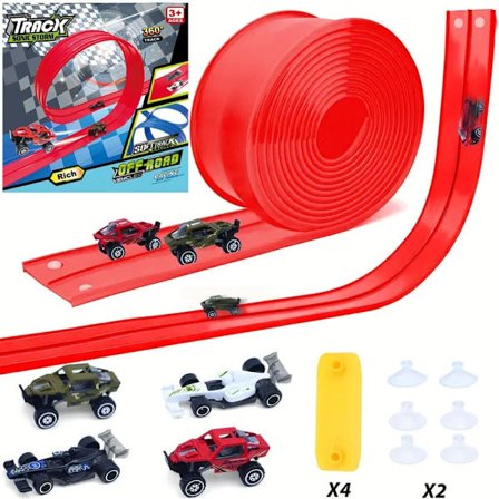 5m Fleksibel Bilbane til Børn – Dobbelrettet Racerbane med 4 Biler & Sugekopper, Rulbar, Legetøjsbilbane 3+