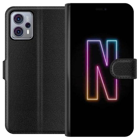 Kompatibelt Lommeboketui til Motorola Motorola Moto G23 Minimalistisk neonbokstav N i fargeskiftende lys mot svart bakgrunn