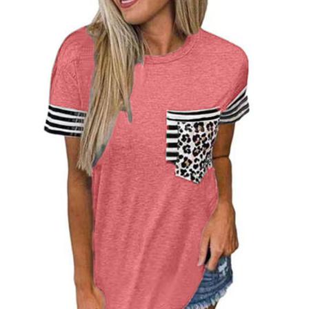 T-shirt För Kvinnor Med Rund Hals, Kort Ärm Randig Färgblock Leop