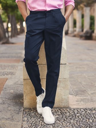 John Henric Men's Navy Blue Slim Fit Trousers Linen Cotton Size 46