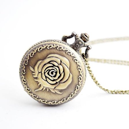 Vintage Roses -taskukello, kvartsi taskukello ketjulla, roomalaiset numerot